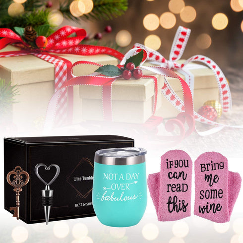 Wine Tumbler Cupcake Wine Socks Set, Ideas for Girlfriend Lover Women Girl, Not a Day Over Fabulous 12Oz Stainless Steel Tumbler, Socks, Bottle Opener, Wine Stopper, Mint