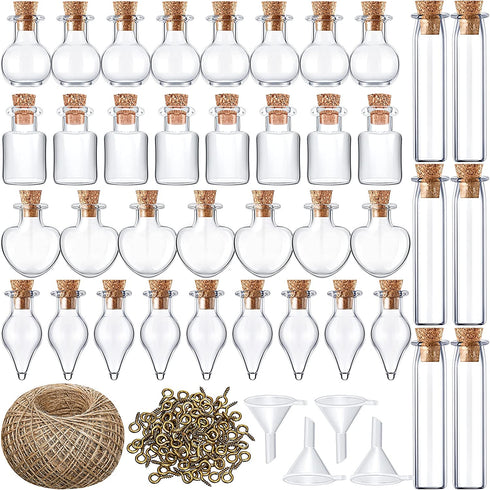 50 Pieces Small Mini Glass Jars Bottle with Cork Stopper Tiny Wishing Bottles with Eye Screws Funnel and Rope Small Cork Clear Glass Bottle for DIY Crafts Bead Container (Mixed Style)