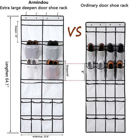 Armindou Extra Large Pockets Hanging Over The Door Shoe Organizer 2 Pack Closet Shoe Organizer With 8 Extra Large Mesh Storage Pockets for Bedroom Door Apartment Storage (White, 64.1X22.8 )