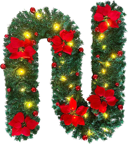 IronBuddy 9ft Lighted Christmas Garland Artificial Pine Garland with 30 LEDs 6 Flowers and 30 Ball Ornaments Mantle Garland Greenery Garland for Christmas Holiday Party Wedding Home Decor (Red)