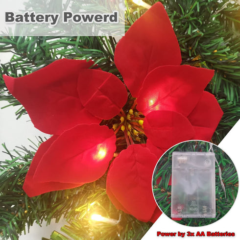 IronBuddy 9ft Lighted Christmas Garland Artificial Pine Garland with 30 LEDs 6 Flowers and 30 Ball Ornaments Mantle Garland Greenery Garland for Christmas Holiday Party Wedding Home Decor (Red)