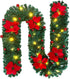 IronBuddy 9ft Lighted Christmas Garland Artificial Pine Garland with 30 LEDs 6 Flowers and 30 Ball Ornaments Mantle Garland Greenery Garland for Christmas Holiday Party Wedding Home Decor (Red)