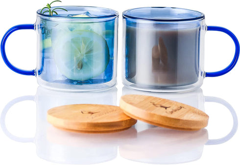 Clear&Colorful Double Walled Glass Coffee Mug with Lid (9oz), Candiicap Insulated Coffee Mug with Handle for Hot&Cold Drink, Clear Glass Cup for Latte, Cappuccino, Tea, Beer (9oz/Set of 2, Blue)
