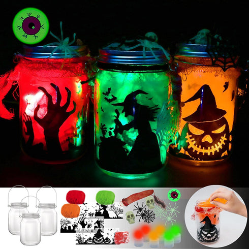 3 pcs Halloween DIY Lantern Jar Craft Kit Decor Supplies Gift, Flickering Flameless Candles(Red, Orange, Green) and Accessories(Eyeball, Spider, Finger), Indoor Outdoor Garden DIY Deco Art Project