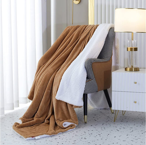 SOCHOW Waffle Sherpa Fleece Throw Blanket, Super Soft Fuzzy Warm, Lightweight Fluffy Reversible Plush Blanket for Bed Sofa Couch, 50 x 60 Inches Camel