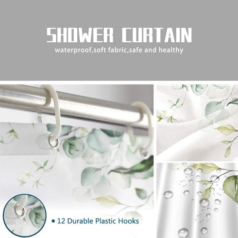 Green and White Shower Curtain Green Leaves Fabric Shower Curtains Botanical Themed Floral Shower Curtain for Bathroom Watercolor Leaf Shower Curtain Sets Waterproof with Hooks, 72? X 72?