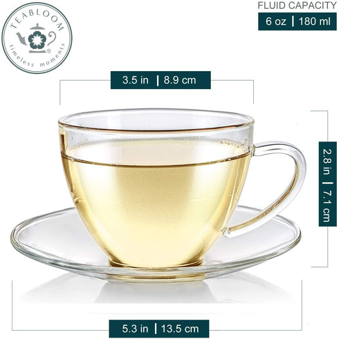 Teabloom Royal Teacup and Saucer Set 2-Pack Standard Teacup Size 6 OZ/ 180 ML Capacity Crystal Clear Classic Design Premium, Healthful Borosilicate Glass Durable and Heat Resistant
