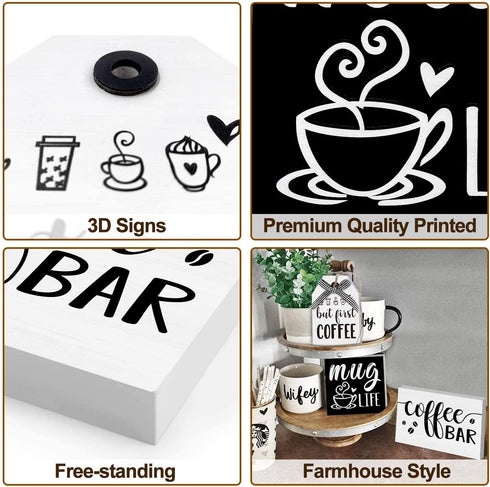 Coffee Bar Tiered Tray Decor Signs Set of 3, 3D Raised Wood Block with Buffalo Plaid Farmhouse Home Kitchen Coffee Decorations for Tray, Coffee Bar, Coffee Station, Shelf, Mantel (Tray Not Included)
