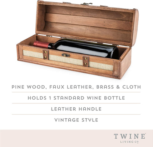 Twine Vintage Trunk Bottle Gift Wine Box with Lid and Handle Wood, Faux Leather, Brass Accents, Cloth, 1