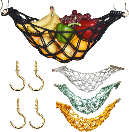 Macrame Fruit Veggies Hammock For Extra Storage Under Cabinet - 20" Boho Hanging Basket With 4 Hooks and Deep Pocket - Ideal for Kitchen decor, RV or Boat (Black)