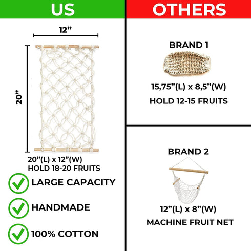 Macrame Fruit Veggies Hammock For Extra Storage Under Cabinet - 20" Boho Hanging Basket With 4 Hooks and Deep Pocket - Ideal for Kitchen decor, RV or Boat (Black)
