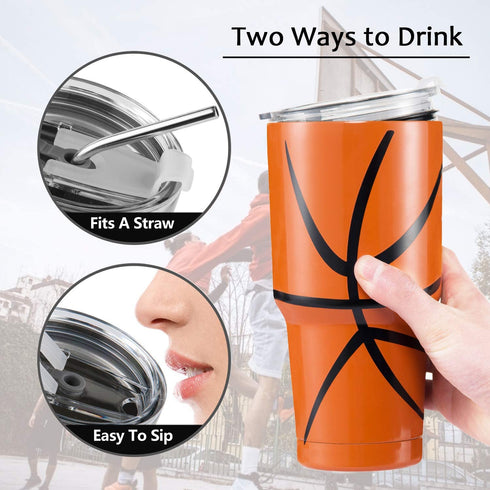 Joyclub 30oz Basketball Tumbler Double Wall Stainless Steel Vacuum Insulated Tumbler Cup Travel Mug with Lid, Straw and Cleaning Brush for Coach ( Basketball )