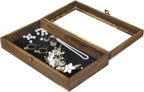 MyGift Tabletop Keepsake Display Box, Rustic Burnt Wood Shadow Box Jewelry Organizer Case with Clear Acrylic Lid, and Metal LAT