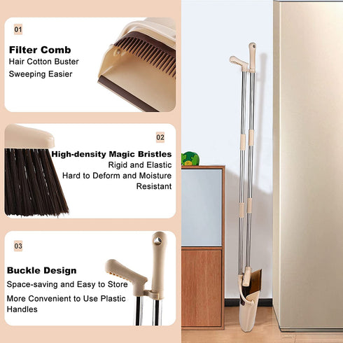 Perastra Long-Handled Broom & Dustpan Set, Upright Standing Dustpan & Super Long Handled Broom with Heavy Duty Bristles for Home Floor Sweeping (Beige White)