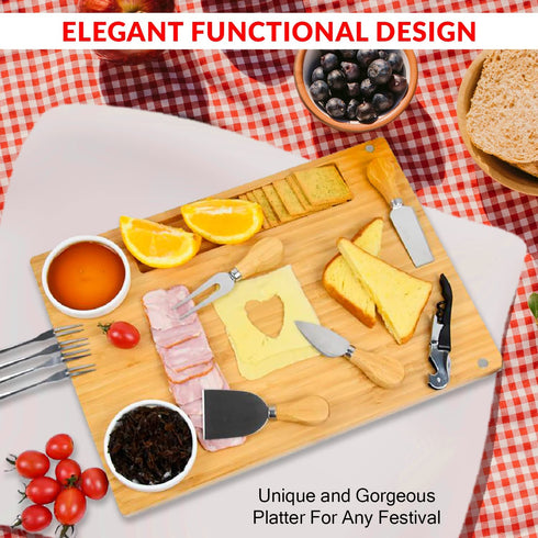Cheese board Cutlery Knife Set bamboo Charcuterie Platter Serving Tray, with ceramic bowls Server Forks, Wine Opener, Cheese Plate Set Gift for Birthdays, Christmas Anniversary Wedding Registry,