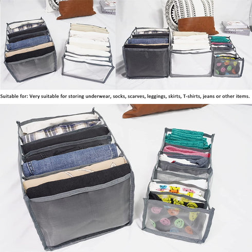 3PCS Washable Wardrobe Clothes Organizer - 6&7&9 Grids, Foldable Visible Grid Storage Box with Multiple Layers, Storage Containers for Scarves, Leggings (3PCS, Grey)