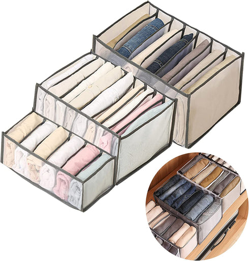 3PCS Washable Wardrobe Clothes Organizer - 6&7&9 Grids, Foldable Visible Grid Storage Box with Multiple Layers, Storage Containers for Scarves, Leggings (3PCS, Grey)