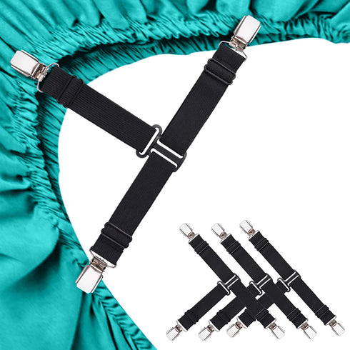 MENDENG 4PCS Black Sheet Straps with Clips Sheet Holders for Corners Suspender Bed Sheet Fasteners