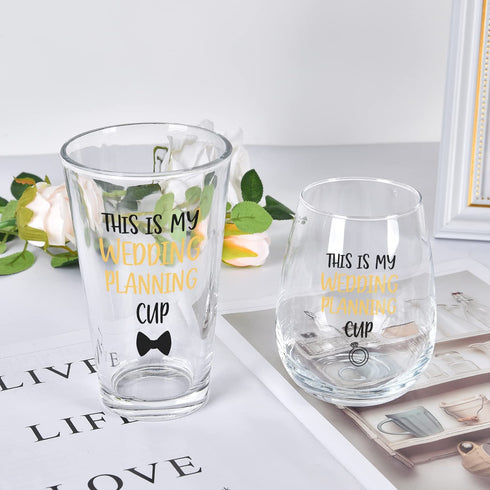 This Is My Wedding Planning Cup Stemless Wine Glass and Beer Glass Set, Wedding Gifts, Engagement Gift Set for Newlywed New couple Her Him Fiancee Fiance Bride Lovers Friends Women Men, 12Oz