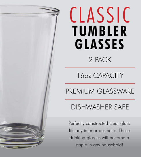 1 Pint Beer Glasses - 2 Pack Elegant 16 oz Tall Clear Drinking Glass and All Purpose Tumblers Pub Style Design For Home Dining, Bars, and Parties by Kitchen Lux