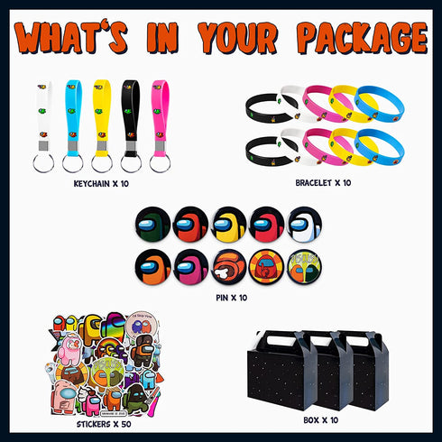 YAOO us Birthday Party Supplies for Kids, 100 Pcs Party Favors - Key Chain, Gift Case, Bracelet, Shoe Charm, Button Pins, Sticker for Video Game Theme Party