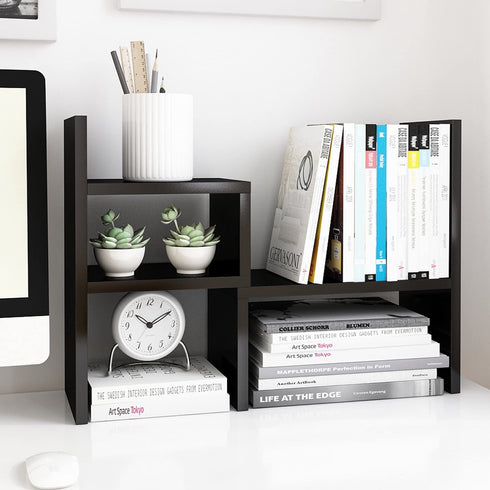 Jerry & Maggie - Desktop Organizer Office Storage Rack Adjustable Wood Display Shelf | Birthday Gifts - Toy - Home Decor | - Free Style Rotation Display - True Natural Stand Shelf Black
