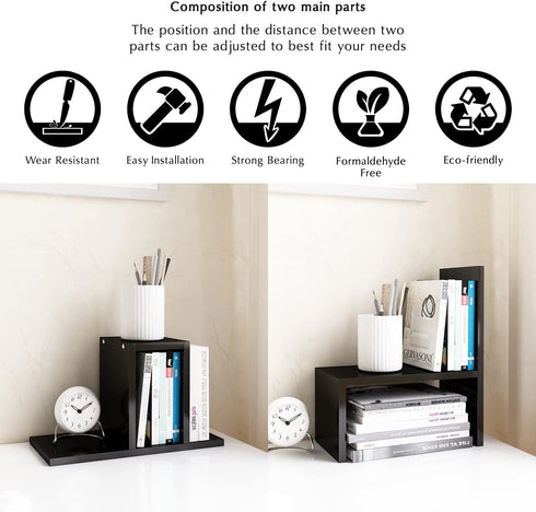 Jerry & Maggie - Desktop Organizer Office Storage Rack Adjustable Wood Display Shelf | Birthday Gifts - Toy - Home Decor | - Free Style Rotation Display - True Natural Stand Shelf Black