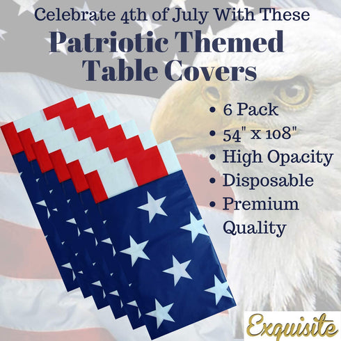 Exquisite 6-Pack Premium Rectangle American Flag Design Plastic Tablecloth - USA Stars and Stripes Tablecloth Disposable Plastic Table Cover for July 4th - 54 inch. x 108 inch.