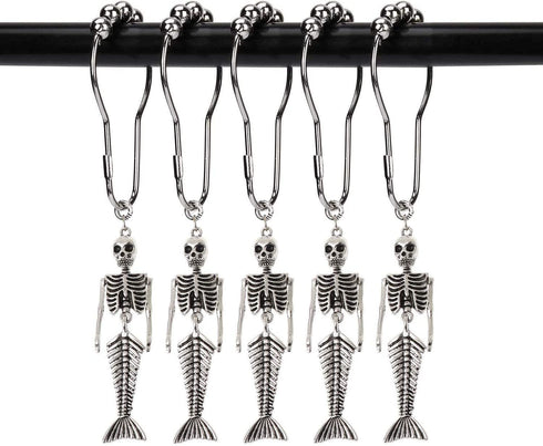 ZILucky 12Pcs Mermaid Skeleton Shower Curtain Hooks Halloween Decorative Home Bathroom Decor Rustproof Skeletons Shower Curtain Rings (Mermaid Skull Silver)