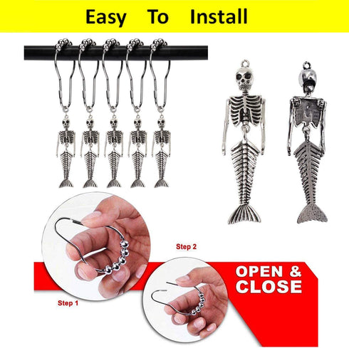 ZILucky 12Pcs Mermaid Skeleton Shower Curtain Hooks Halloween Decorative Home Bathroom Decor Rustproof Skeletons Shower Curtain Rings (Mermaid Skull Silver)