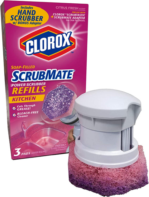 Clorox ScrubMate Handheld Kitchen Scrubber, Plus 3 Refill Pads