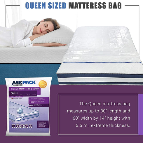 Queen - Mattress Bag Enhanced with Zipper 5.5 mil Extrem Thick for Moving & Long-Term Storage - Tear Resistant and Waterproof - Extrem Heavy Duty
