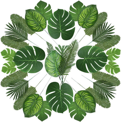Auihiay 90 PCS 6 Kinds Monstera LeavesPalm Leaves Tropical Party Decorations Jungle Leaf with Stem for Tropical Leaves Decorations Beach Birthday Jungle Party Palm Leaves Decorations