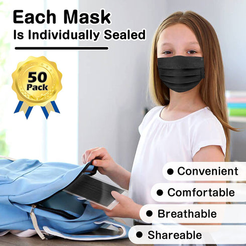 XDX Kids Mask Individually Wrapped, Kids Black Disposable Face Mask for Boys and Girls, 3 Ply - 5.7" x 3.7" Children's Size for Childcare, School, Daily Use (50 PCS)
