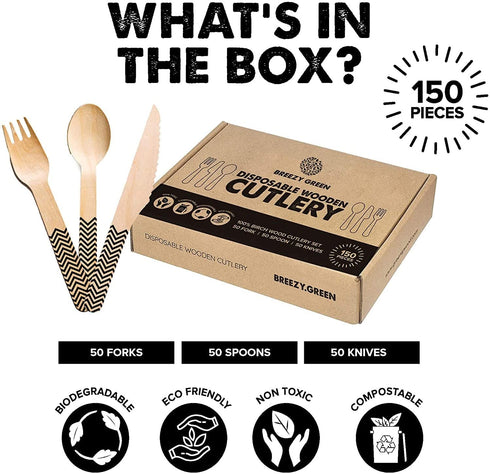 Breezy Green Disposable Wooden Cutlery- 150 Set, Eco-Friendly and Biodegradable Utensils, Dinner Flatware, Weddings, Party, 50 Spoons, Knives, Forks
