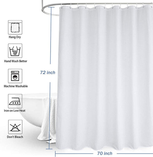 White Shower Curtain 70x72 Inches, Beneyhome 230G Weighted Fabric Waffle Weave Bathroom Curtains with Hooks, Machine Washable Grommet Farmhouse Bathtub Liner, Water-Repellent, 72 Inch Long