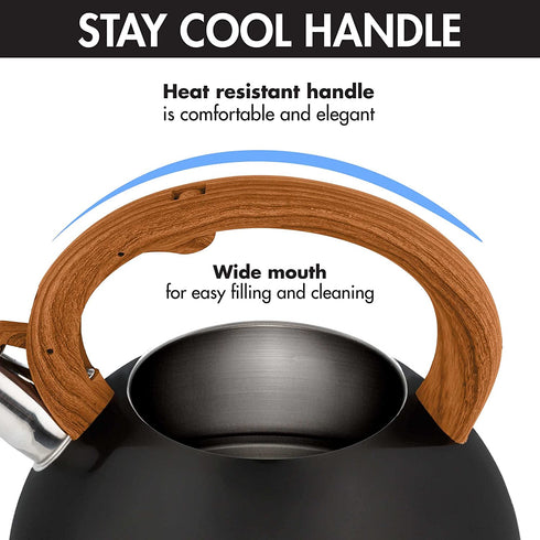 Primula Avalon Whistling Stovetop Tea Kettle Food Grade Stainless Steel Hot Water, Fast to Boil, Cool Touch Handle, 2.5 Quart, Black
