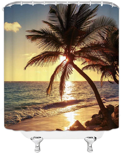 XZMAN Beach Shower Curtain Tropical Hawaii Coastal Palm Tree Ocean Sunset Wave Nature Landscape Black Yellow Fabric Bathroom Decor Curtain Set Include Hooks,(70" WX70 H)