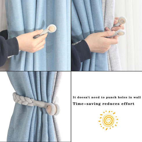 Porlau 4 Pack Grey Magnetic Soft Curtain Tiebacks Cotton Hand-Woven Tieback Holdback Home Decorative Tie Backs with Durable Wooden Buckle for Home Office Decor