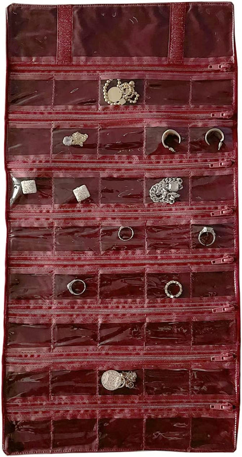 UnionPlus Travel Jewelry Case Roll Bag Organizer for Necklace Bracelet Earrings Ring, 29 Zipped Grids with PVC Cover, Burgundy