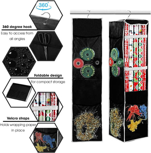 ProPik Holiday Hanging Wrapping Paper Storage Bag Organizer Swivel Hanger 360 Degree Multiple Mesh Pockets and Loops Holds Up to 25 Rolls 40 Inch Plus Space for Ribbons Bows and Gift Wrap (Black)