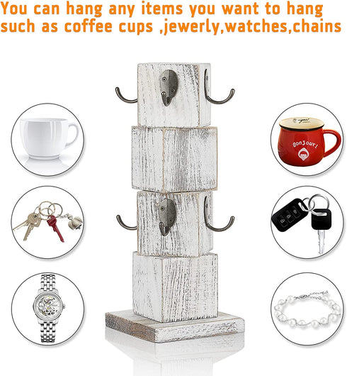 Lilithye Coffee Mug Holder for Counter Countertop Wood Rustic Coffee Mug Holder Stand with 8 Hooks Farmhouse Vintage Coffee Mug Tree Rack for Kitchen Bar