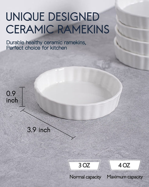Dizada Quiche Pans Ramekins, 4 inch Mini Fluted Quiche Baking Dish Porcelain Tart Pan Baking Pans Perfect for Baking Small Tart Pies, Creme Brulee, Custard Dishes and Mini Cheesecake - Set of 6 (4 in)