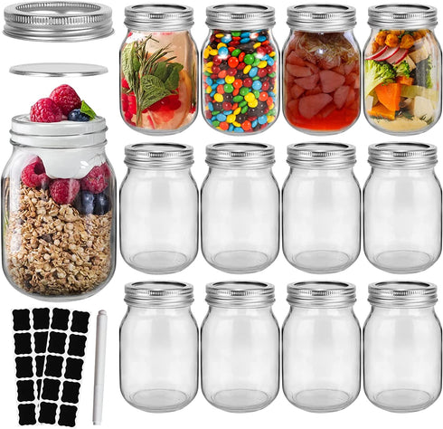 16 oz Glass Mason Jars, 12 Pack 500ml Canning Jars with Regular Mouth Lids, Glass Jars Storage Containers for Overnight Oats, Jam, Jelly, Honey, Beans, Spice, Wedding Party Favor, Shower Favors