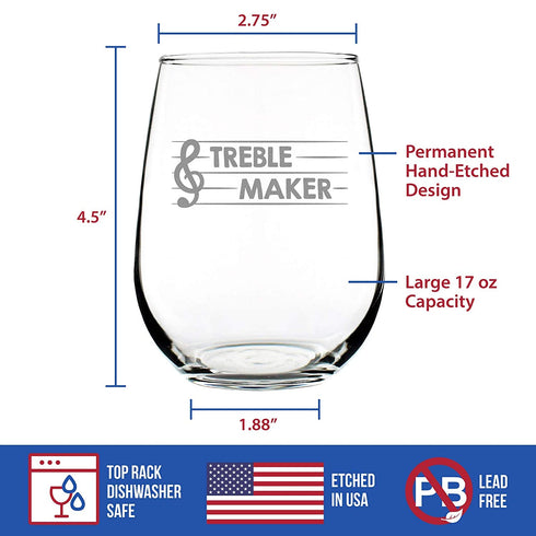 Treble Maker Stemless Wine Glass - Cute Funny Music Teacher Gifts for Women and Men - Fun Unique Musical Decor - Large