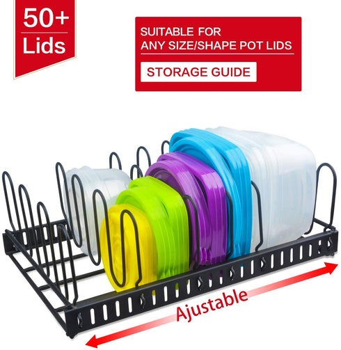 Metal Food Container Lid Organizer&Adjustable 6 Dividers Storage Container Lid Holder Rack for Cabinets, Cupboards, Pantry Shelves, Drawers to Keep Kitchen Tidy,Black(Patent Pending)