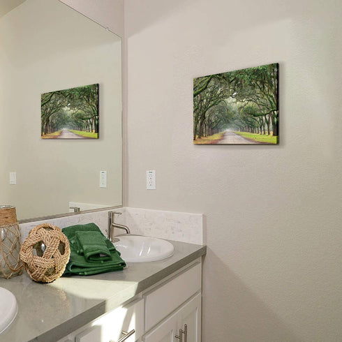 Oak Tree Canvas Wall Art: Green Landscape Artwork Forest Picture Painting Small Size for Bathroom (16'' x 12'' x 1 Panel)