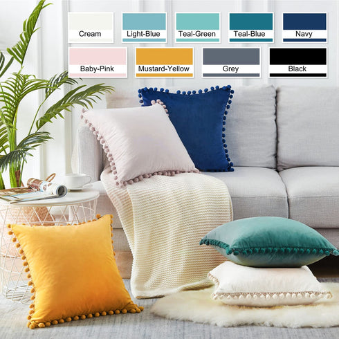 Top Finel Decorative Throw Pillow Covers with Pom-poms Soft Particles Velvet Solid Cushion Covers 20 X 20 for Couch Bedroom Car, Pack of 2, Cream