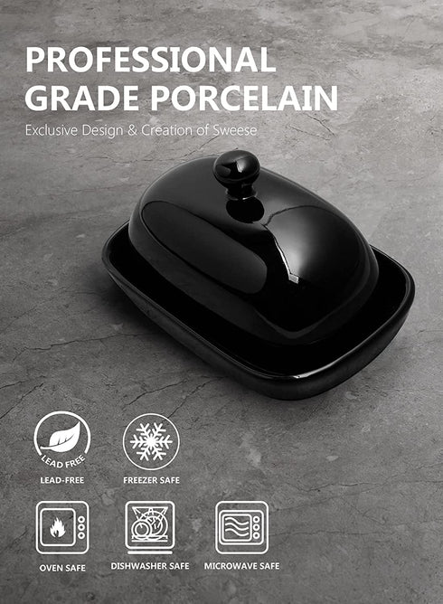 Sweese 306.112 Porcelain Cute Butter Dish with Lid, Perfect for East/West Butter, Black