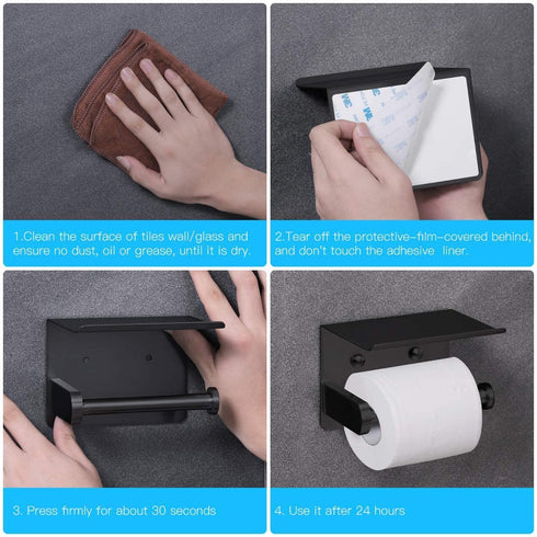 VAEHOLD Self Adhesive Toilet Paper Holder with Phone Shelf SUS 304 Stainless Steel Wall Mounted Toilet Paper Roll Holder - Rustproof and Bathroom Washroom Tissue Roll Holder with Shelf - Black